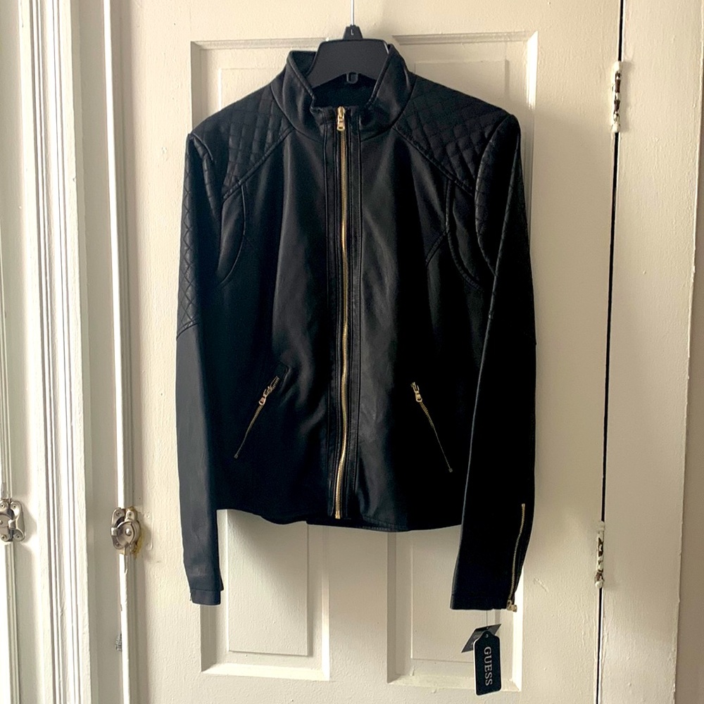 Guess faux leather jacket, black with floral lining, womens large NWT